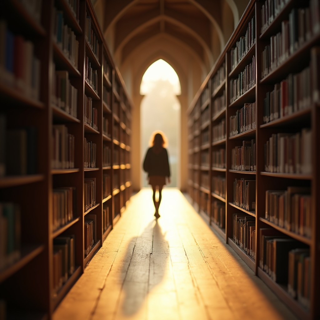 Pasillo de una biblioteca universitaria con estanterías y luz natural