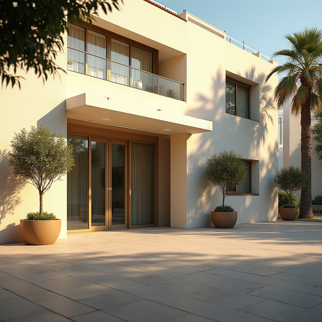 Entrada de un edificio de oficinas con fachada clara en una avenida de Marbella